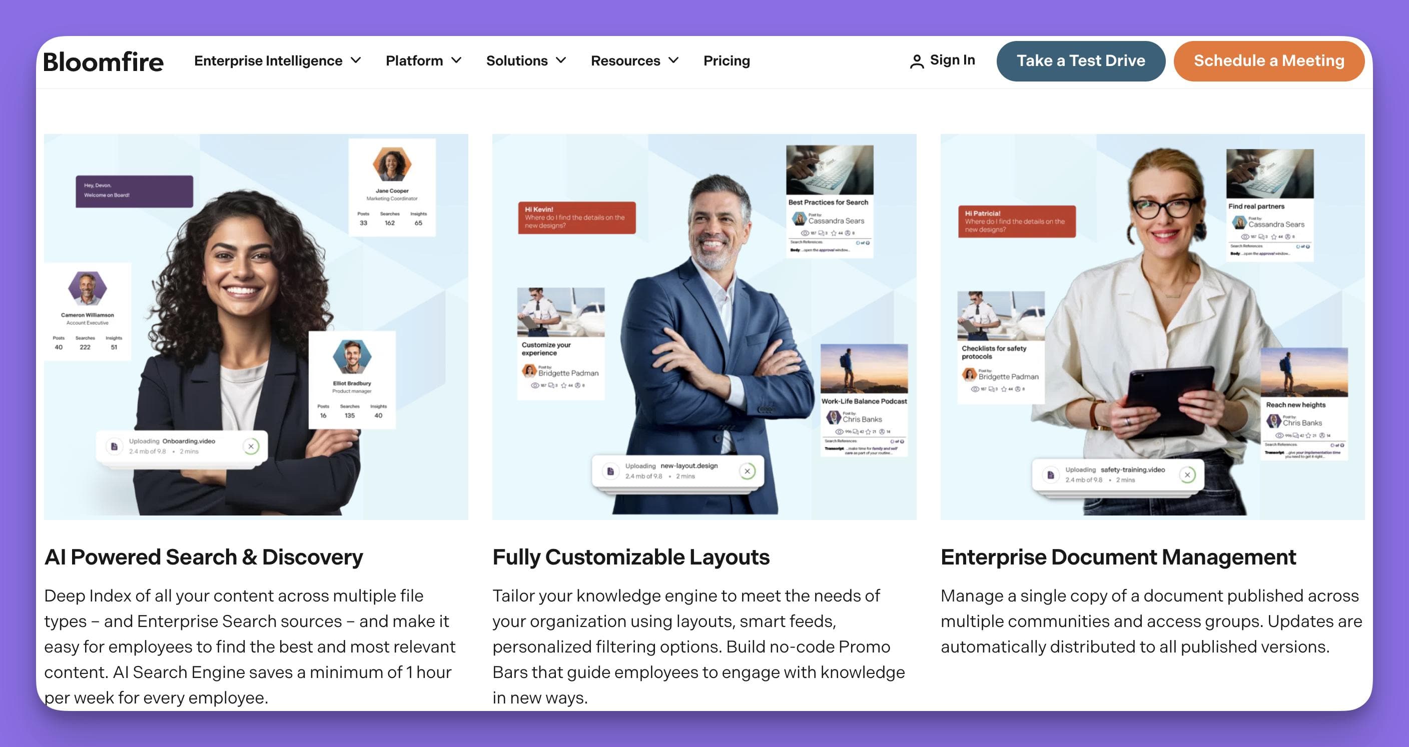 A screenshot of the Bloomfire website, a Document360 alternative, highlighting its key features like 'AI Powered Search & Discovery' and 'Fully Customizable Layouts'