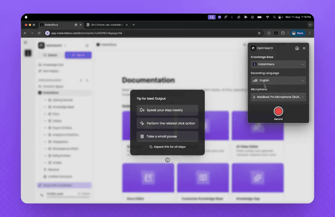 A screenshot of the InstantDocs AI Recorder, a Document360 alternative, showing the Chrome extension interface with a 'Record' button and tips for creating a new help document.